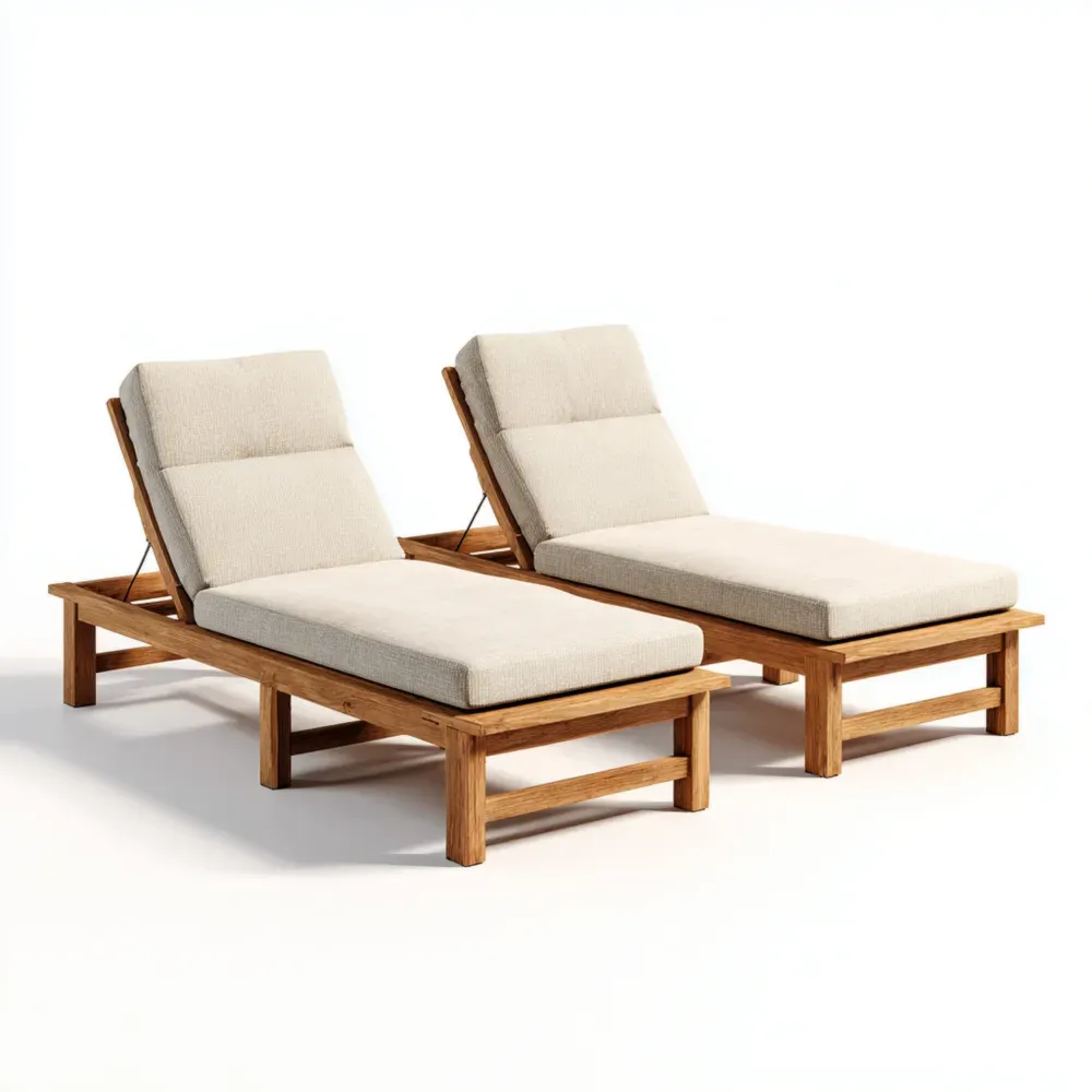 Lounge-Sonnenliege Set aus Teakholz und Polyesterstoff – Beige