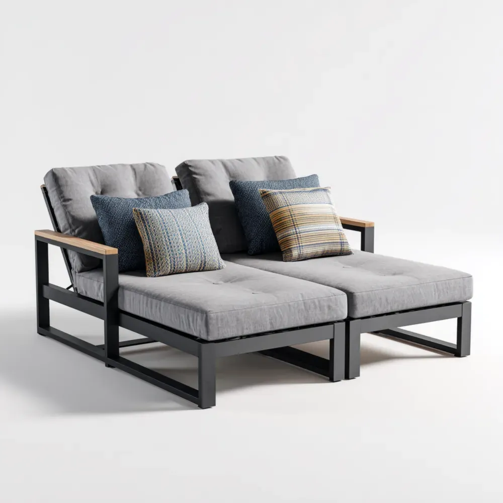 Garten-Lounge-Set Metall mit Textilpolsterung, Teakholz - Hellgrau