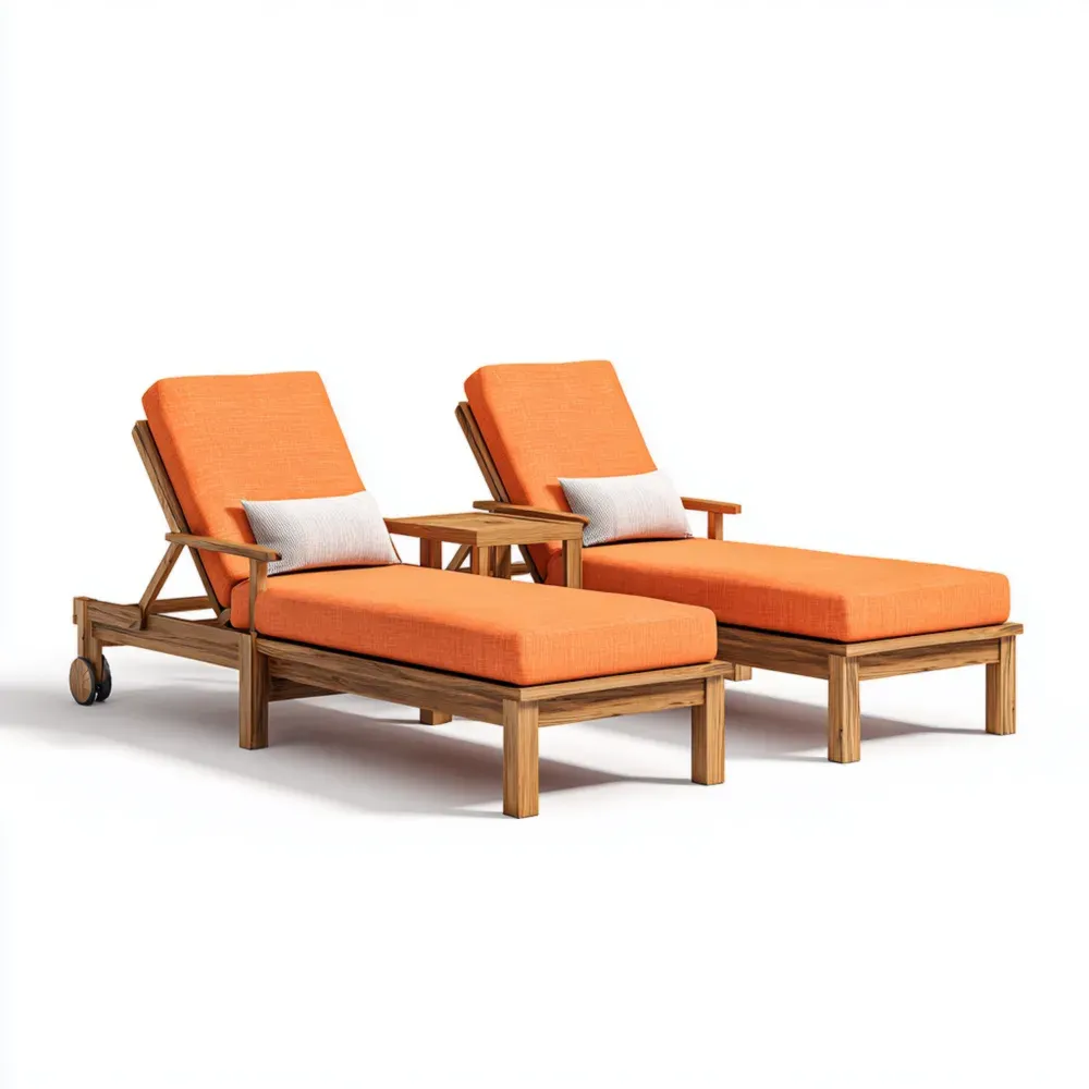 Teakholz Liegestuhl-Set mit Stoffkissen - Orange