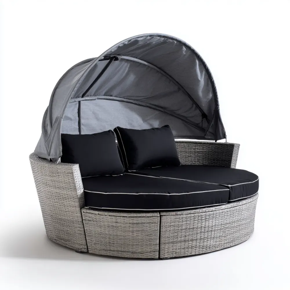 Rundes Rattan-Sofa mit Baldachin - Schwarz/Grau