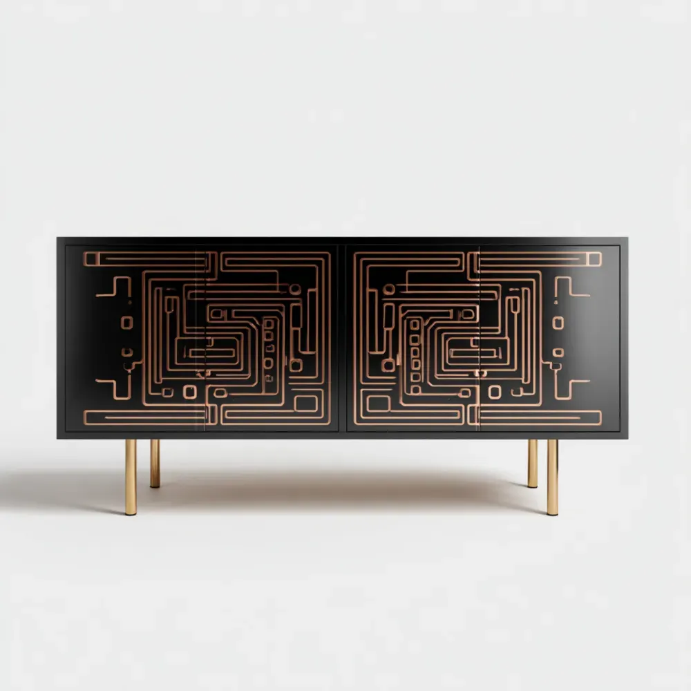 Sideboard Holz Schwarz mit Metallbeinen und Dekor