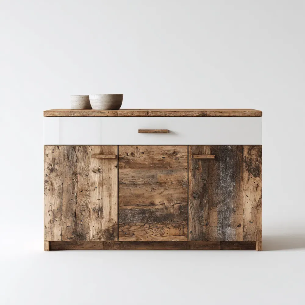 Sideboard Holz Vintage Look – 120x40x85 cm – Rustikale Eiche/Weiß