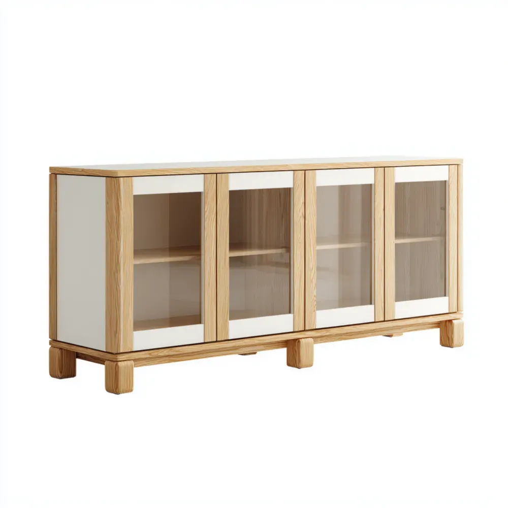 Sideboard aus Eichenholz mit gehärteten Glastüren 140x35x75 cm - Weiß/Eiche