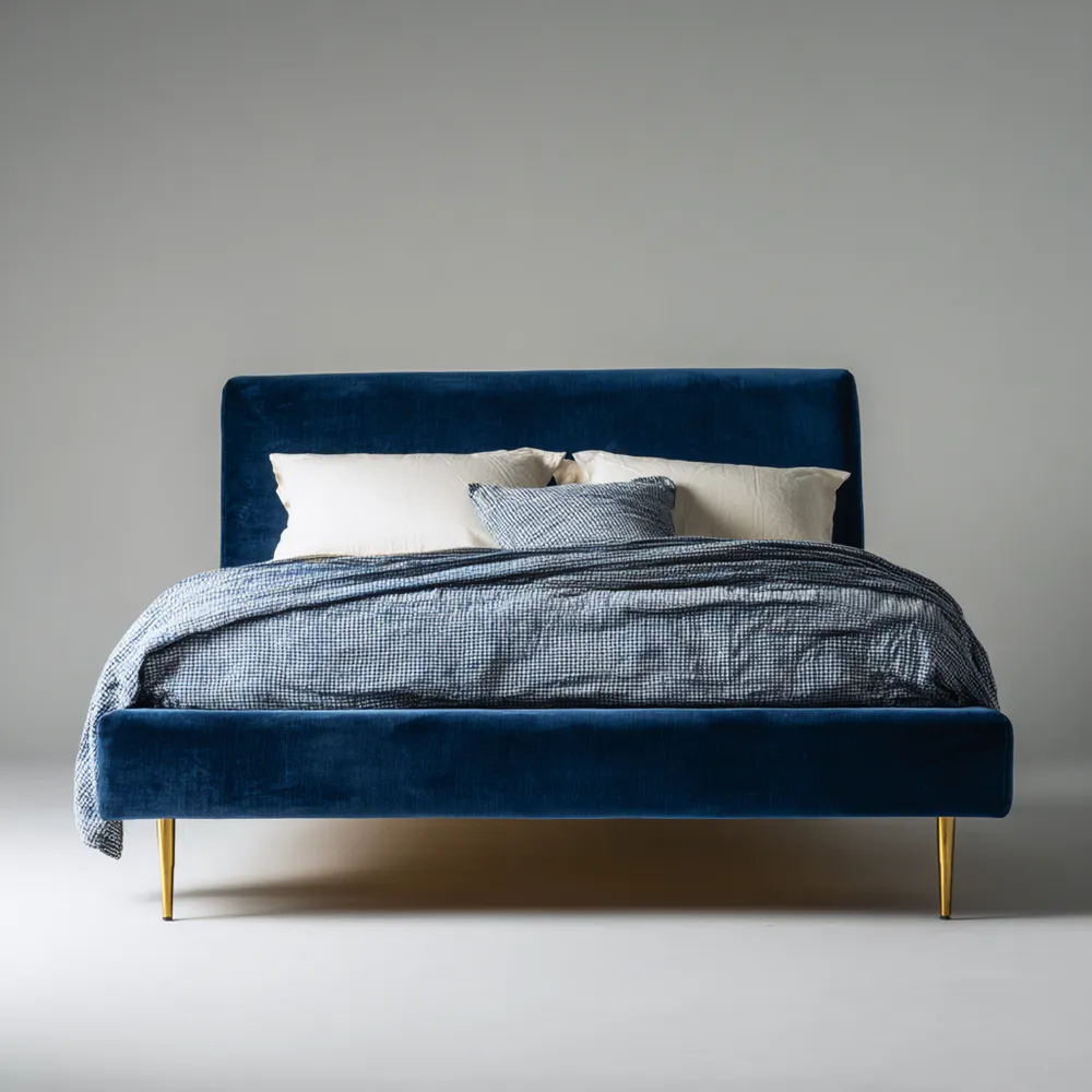 Doppelbett mit Samtbezug und Metallbeinen - Blau