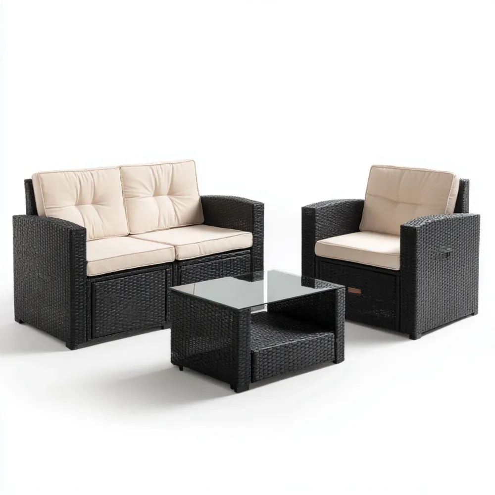 Gartenmöbel-Set 3-teilig mit Glasplatte Schwarz/Beige