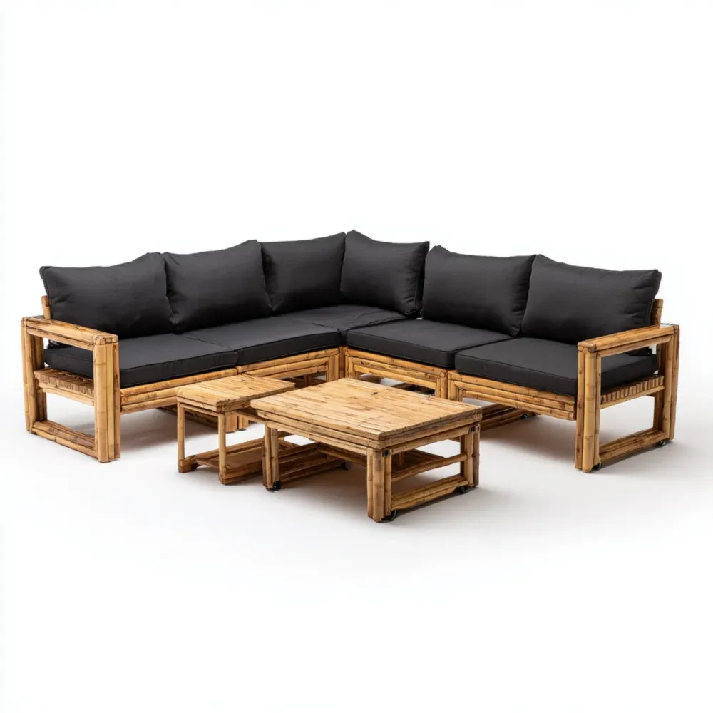 Bambus Gartensofa-Set 5-Sitzer mit Tischen - Schwarz