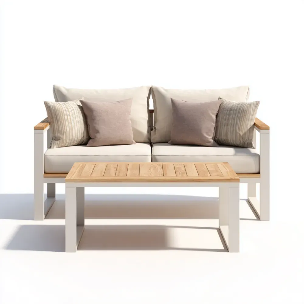 Garten-Sitzgruppe Aluminium-Holz mit Kissen Beige/Holz