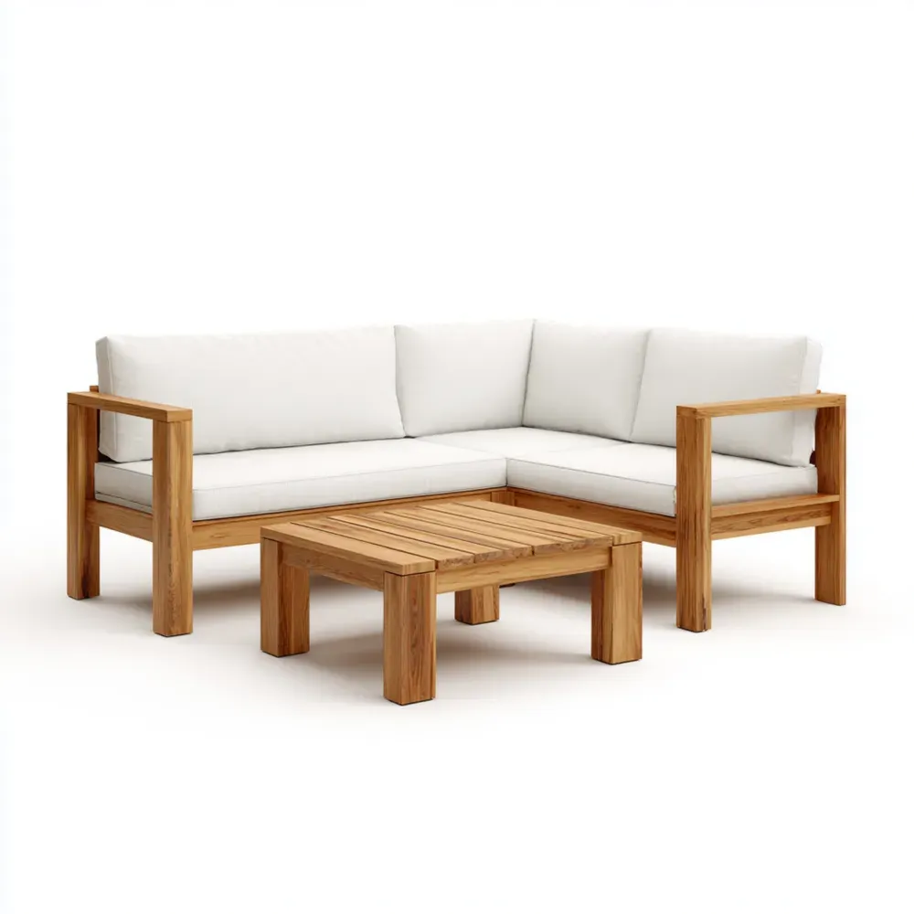 Ecksofaset aus Akazienholz mit weißen Kissen