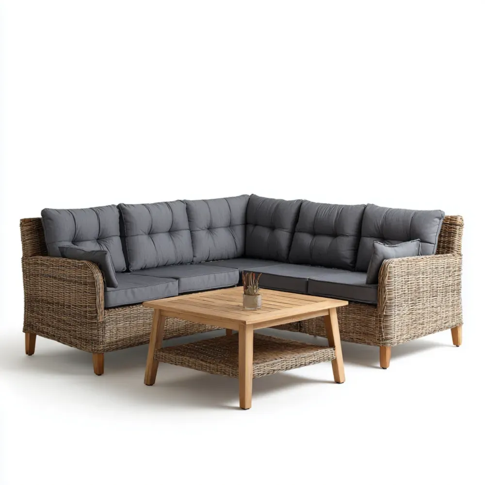 Rattan Ecksofa Set mit Holz 200x200x90 cm – Grau