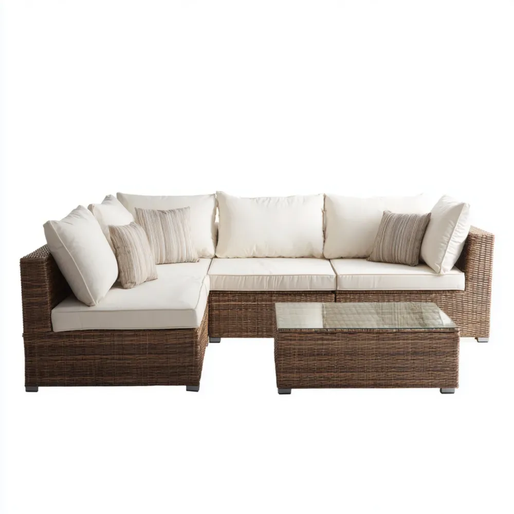 Polyrattan Gartenmöbel-Set Beige – Ecksofa mit Glastisch