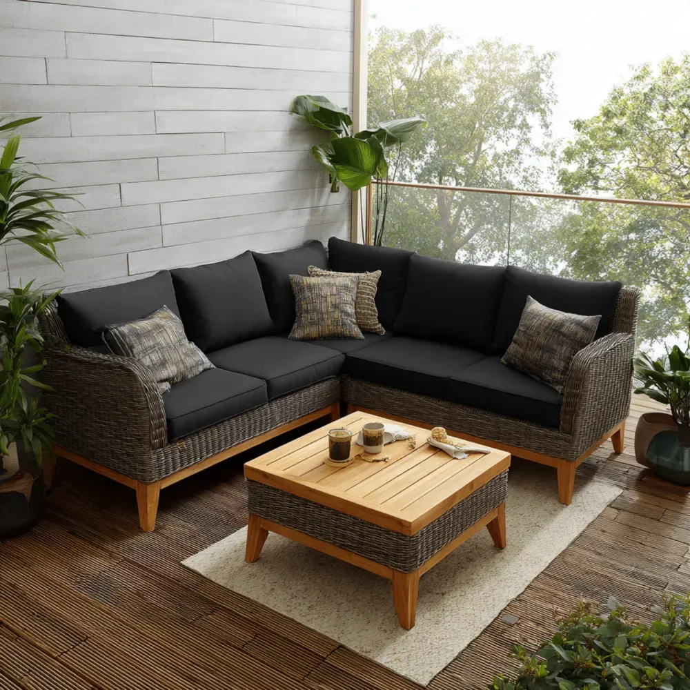 Ecksofa-Set Rattan und Massivholz Schwarz mit Couchtisch