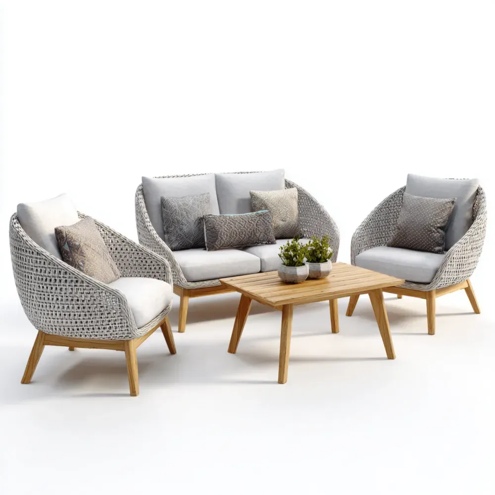 Gartenmöbel-Set aus Polyrattan mit Teaktisch 3-teilig – Grau