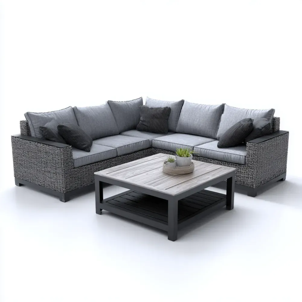 Outdoor Loungeset Polyethylen-Geflecht Grau mit Holztisch