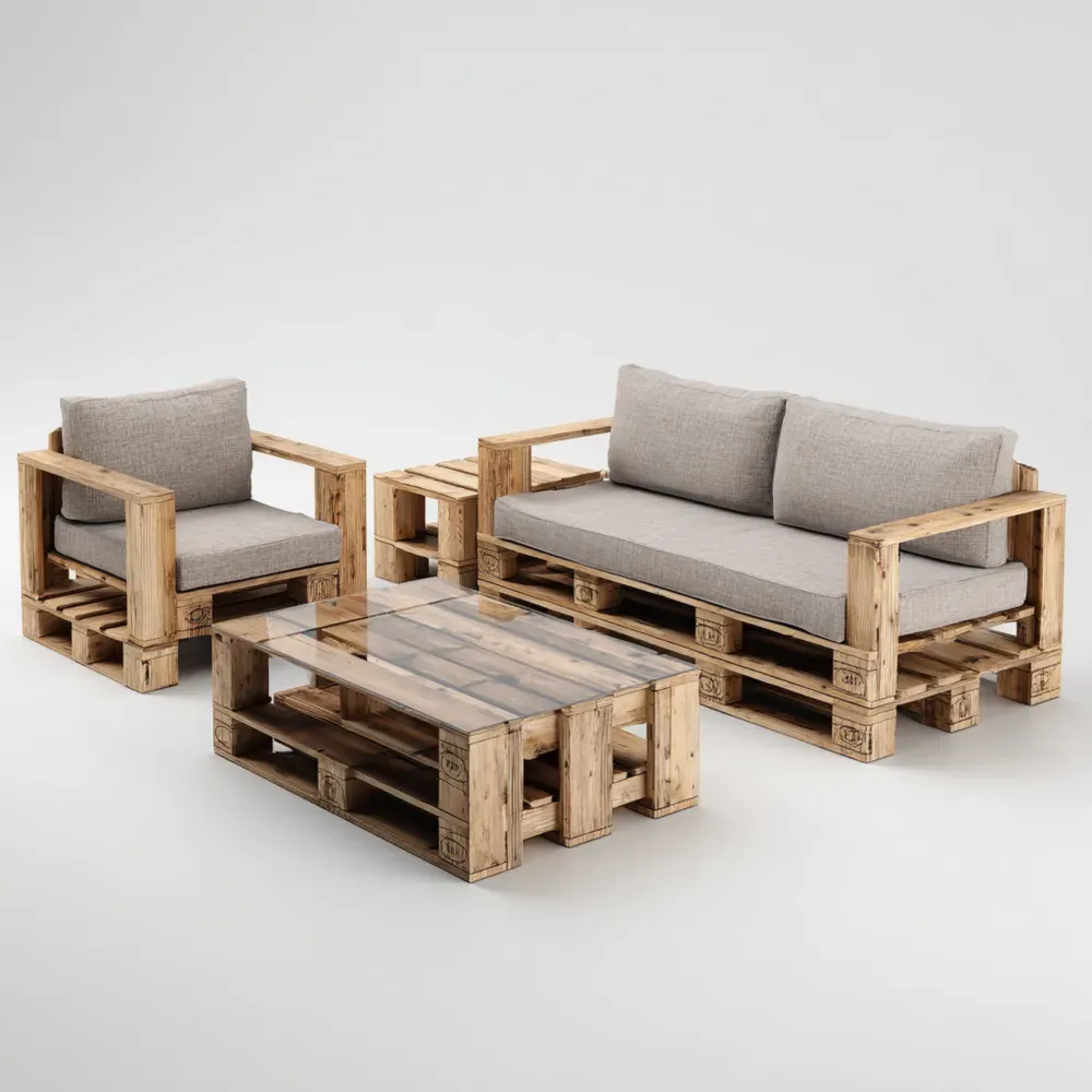 Palettensofa Set Holz Glas Tisch – Stoffpolsterung – 200x80x70 cm Sofa, 80x80x70 cm Sessel, 120x60x45 cm Tisch