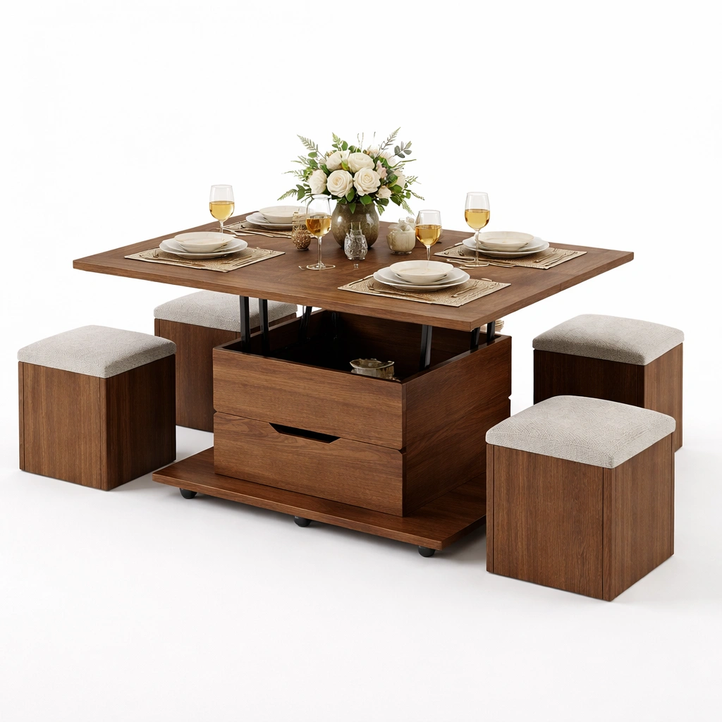 Table relevable bois avec 4 tabourets rangement-tavionyx