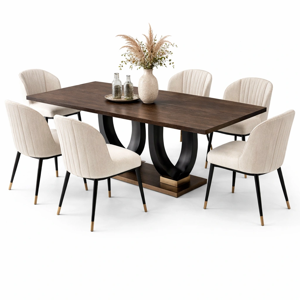 Ensemble table bois fonce avec 6 chaises tissu-tavionyx