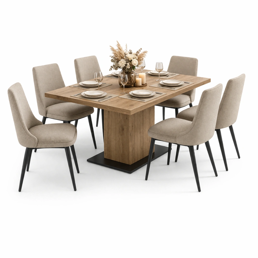 Ensemble table bois clair et 6 chaises tissu-tavionyx