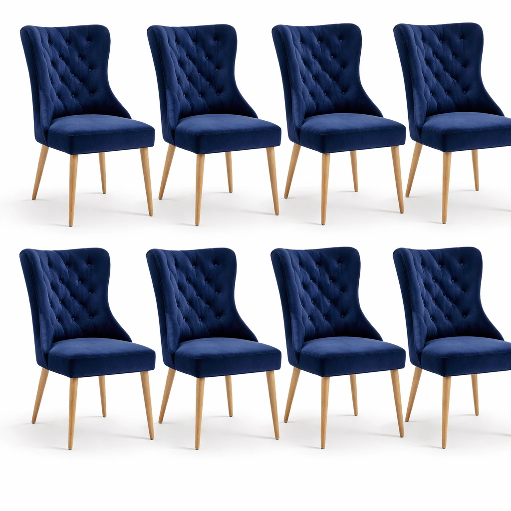Lot de 8 chaises velours bleu capitonne pieds bois-tavionyx