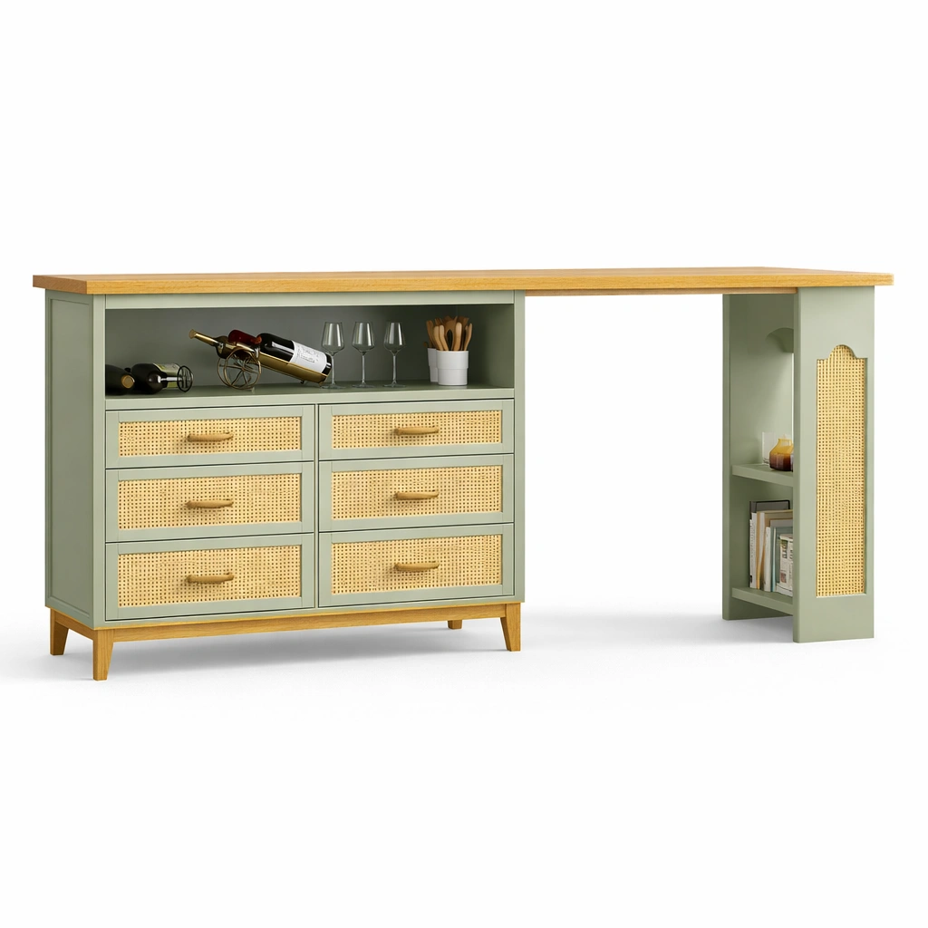 Buffet cuisine vert bois et cannage 6 tiroirs et niche ouverte-tavionyx