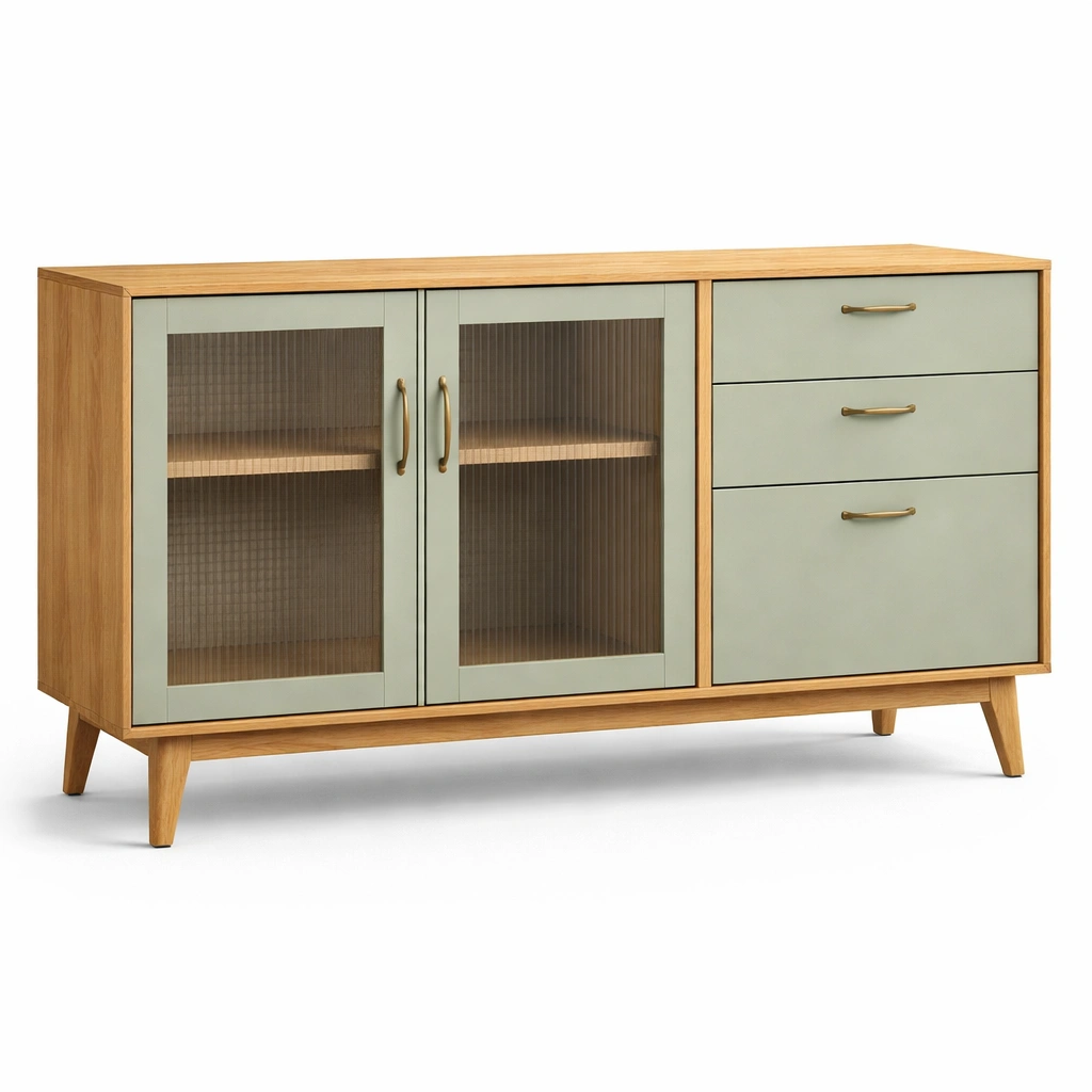 Buffet bois et vert avec portes verre et tiroirs-tavionyx