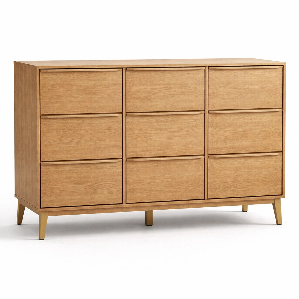 Commode bois clair 9 tiroirs grande capacite-tavionyx
