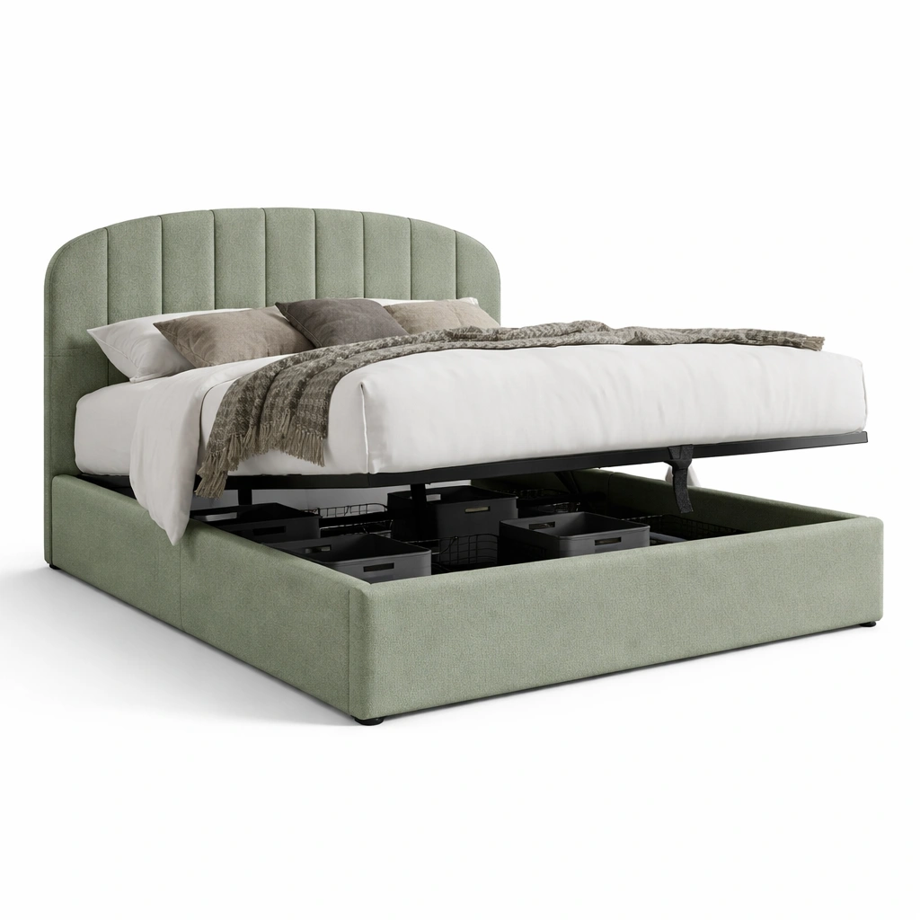 Lit coffre tissu vert avec rangement integre-tavionyx