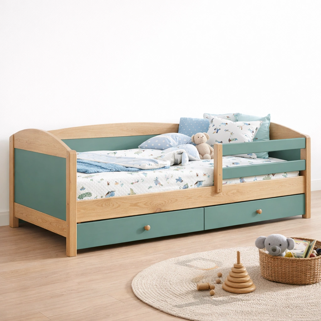 Lit enfant bois et vert avec tiroirs rangement-tavionyx