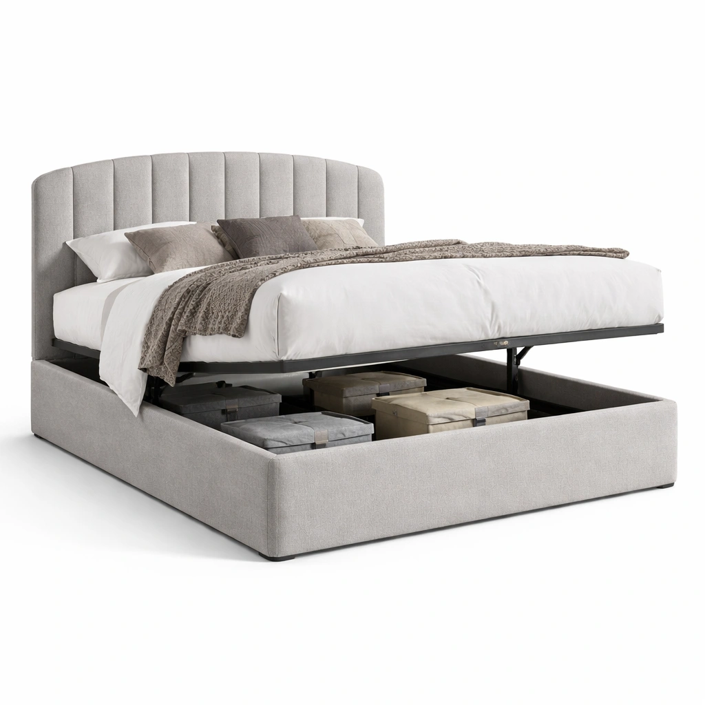 Lit coffre tissu gris avec rangement integre-tavionyx