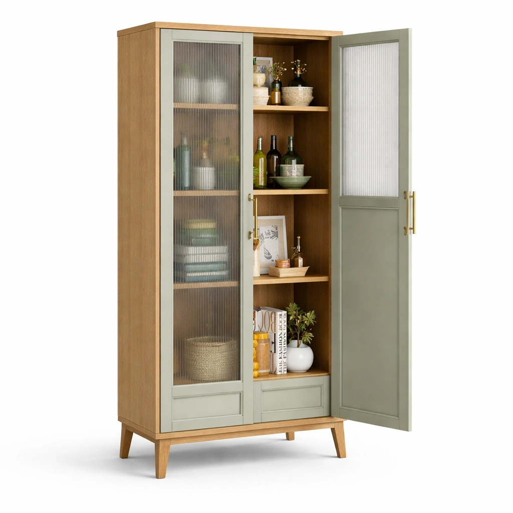 Armoire bois et vert avec portes verre et etageres-tavionyx