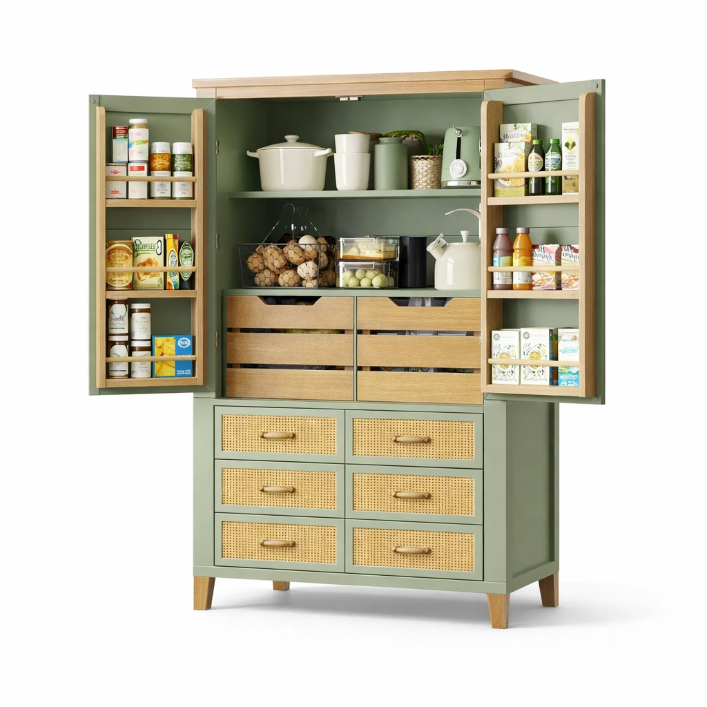 Buffet cuisine vert avec tiroirs et rangement interne-tavionyx