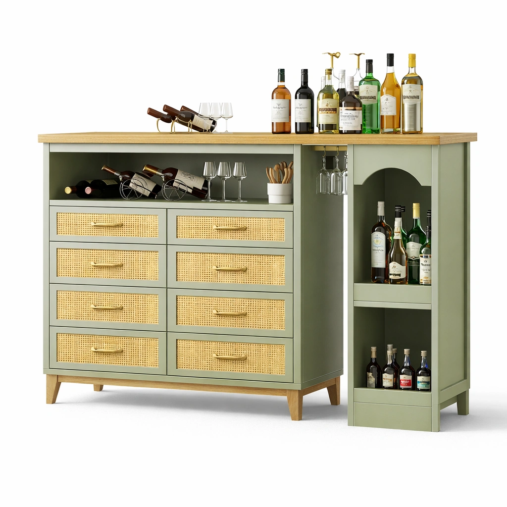 Buffet bar vert avec tiroirs et etagere bouteilles-tavionyx