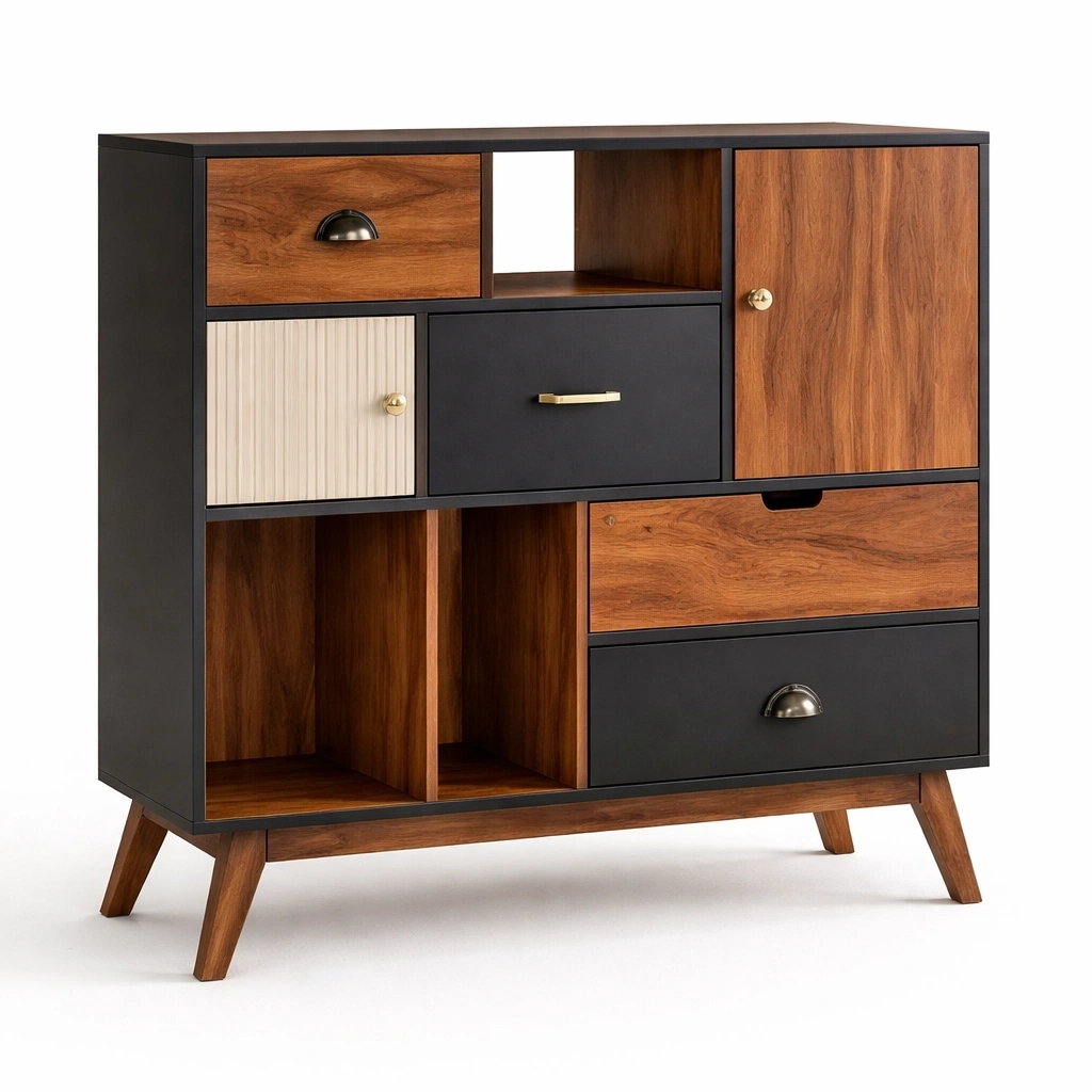 Buffet multi rangement bois et noir style moderne avec tiroirs et niches- luxqiro