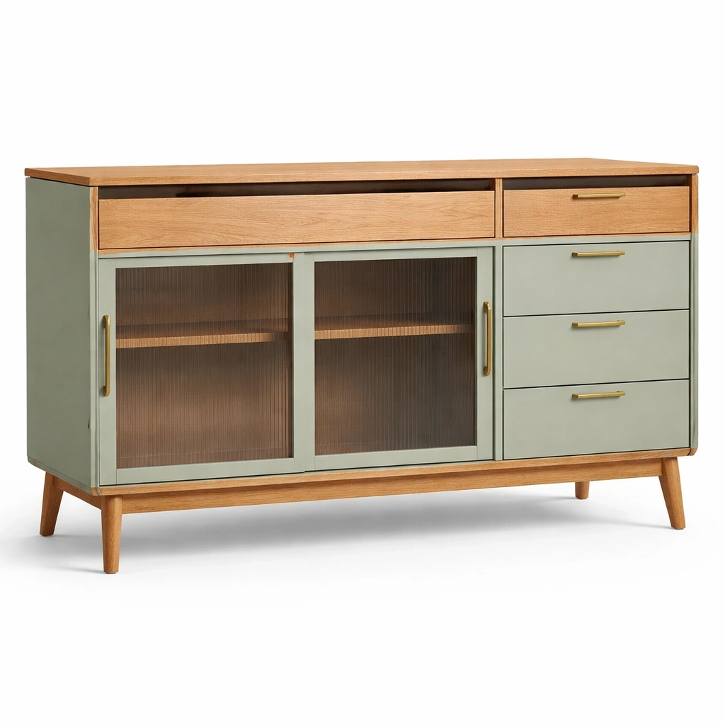 Buffet long vert et bois clair avec portes verre et tiroirs style nordique- luxqiro