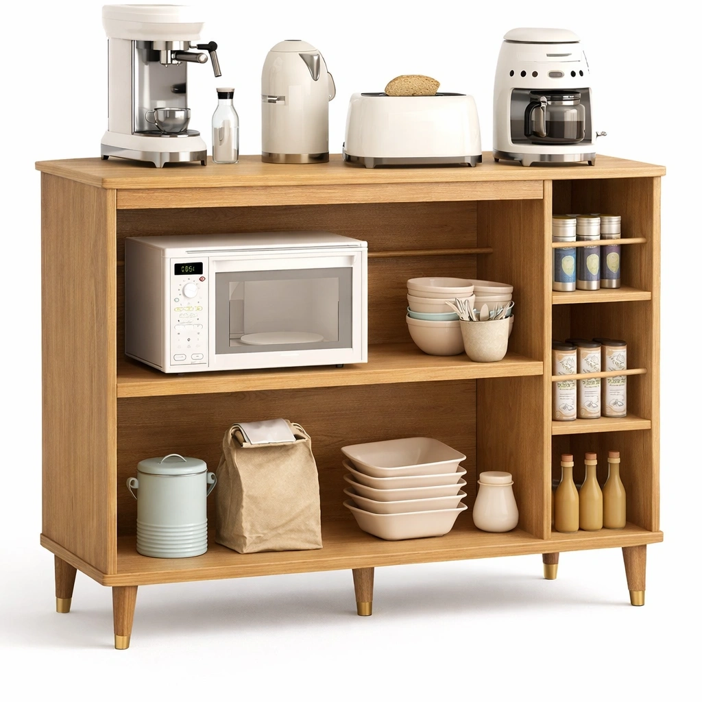 Meuble cuisine bois clair avec etageres ouvertes et rangement multifonction- luxqiro