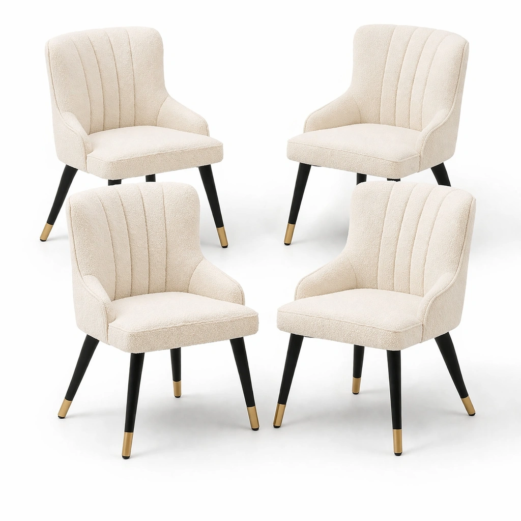 Lot de 4 chaises tissu boucle beige pieds noirs et embouts dore- luxqiro