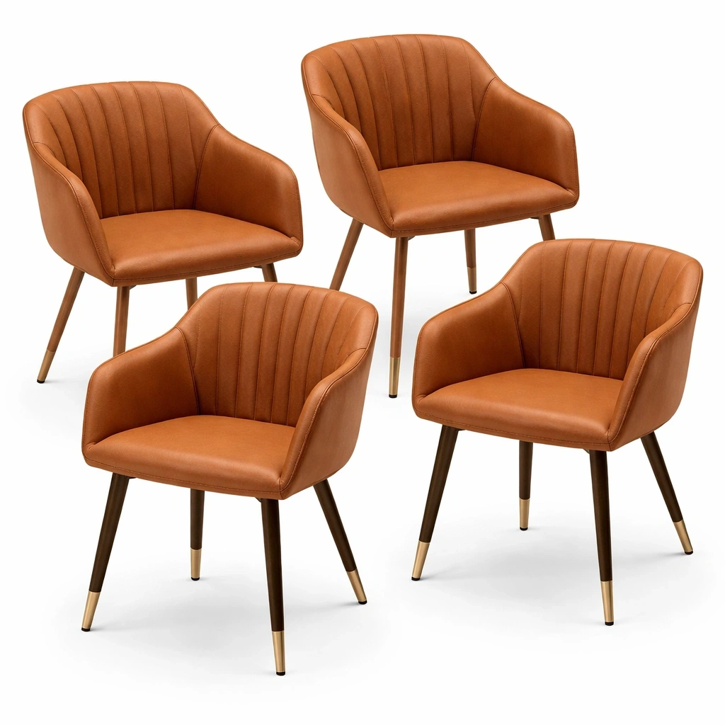 Lot de 4 chaises simili cuir marron pieds bois style elegant- luxqiro