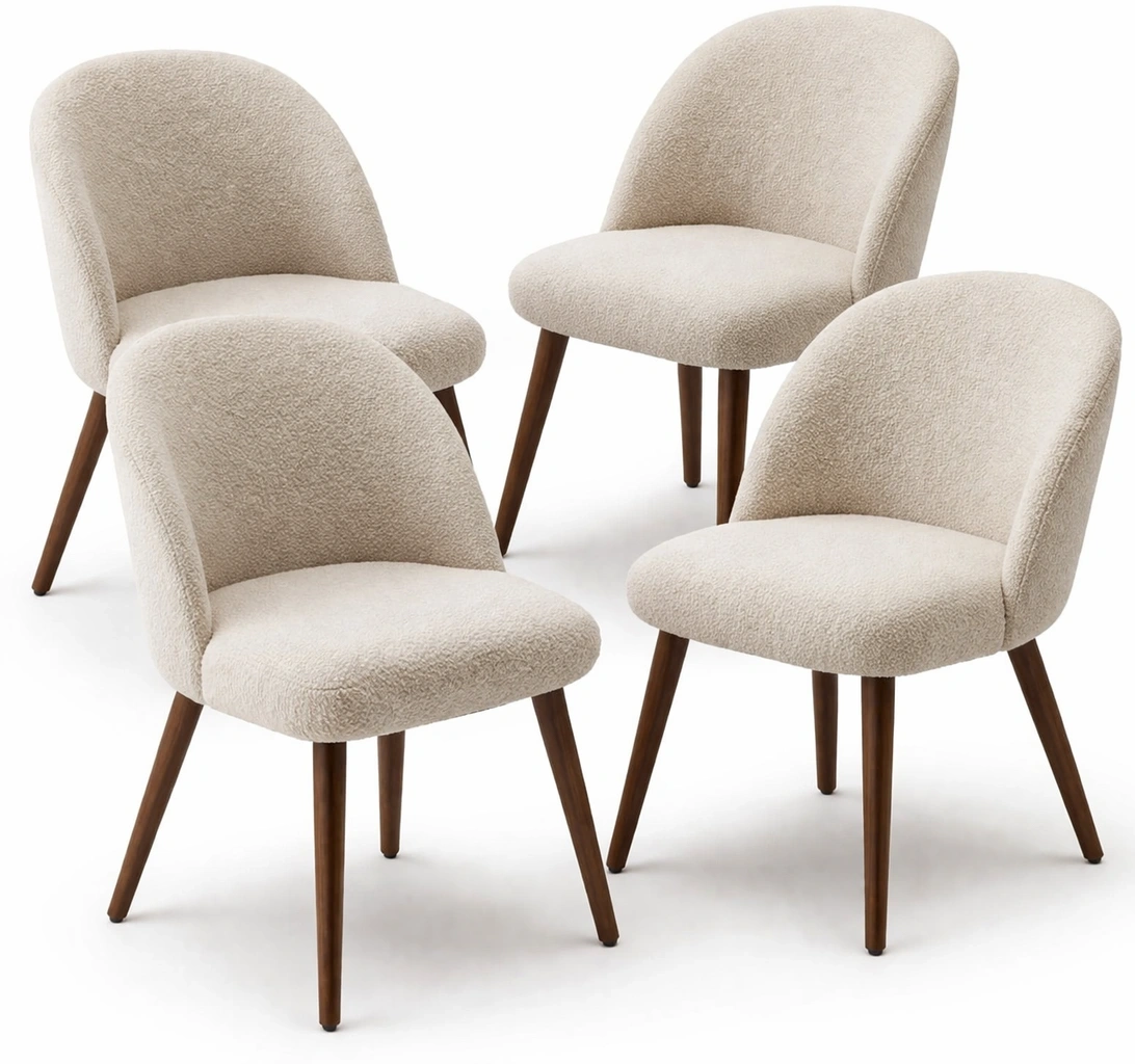 Lot de 4 chaises tissu boucle creme pieds bois style minimaliste- luxqiro