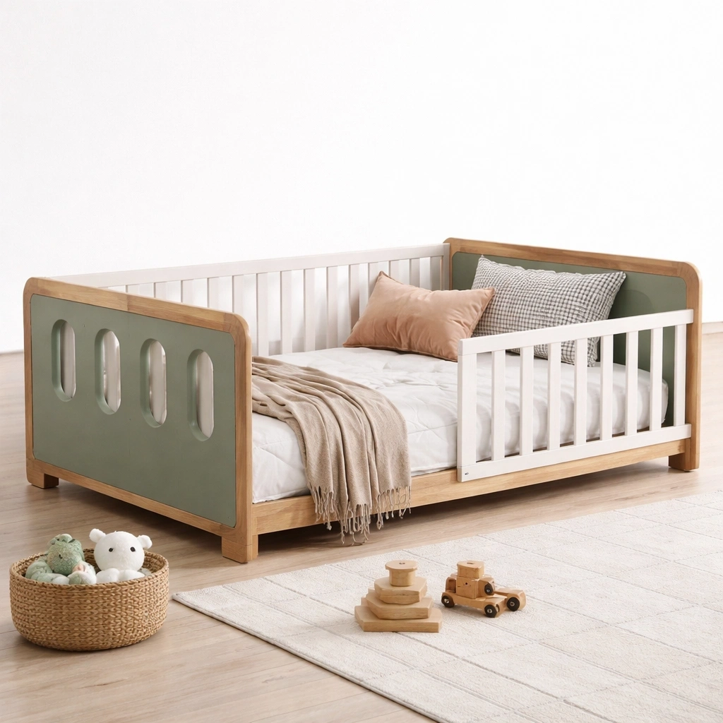 Lit enfant bois et vert avec barriere de securite style moderne- luxqiro