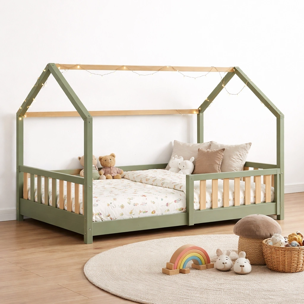 Lit cabane enfant bois et vert avec structure ludique style nordique- luxqiro