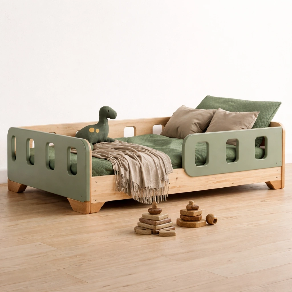 Lit enfant bois et vert design bas avec bords arrondis securises- luxqiro
