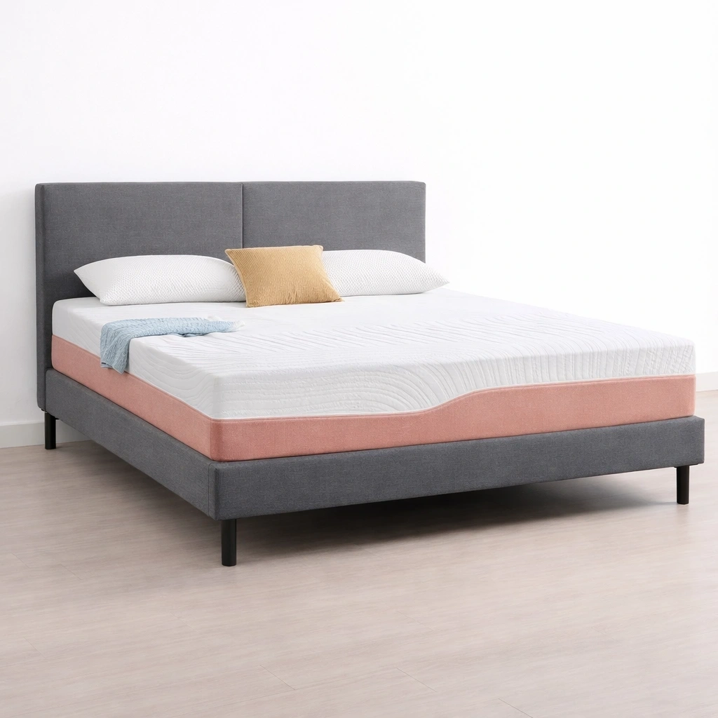 Lit double gris avec tete de lit rembourree et matelas confort- luxqiro