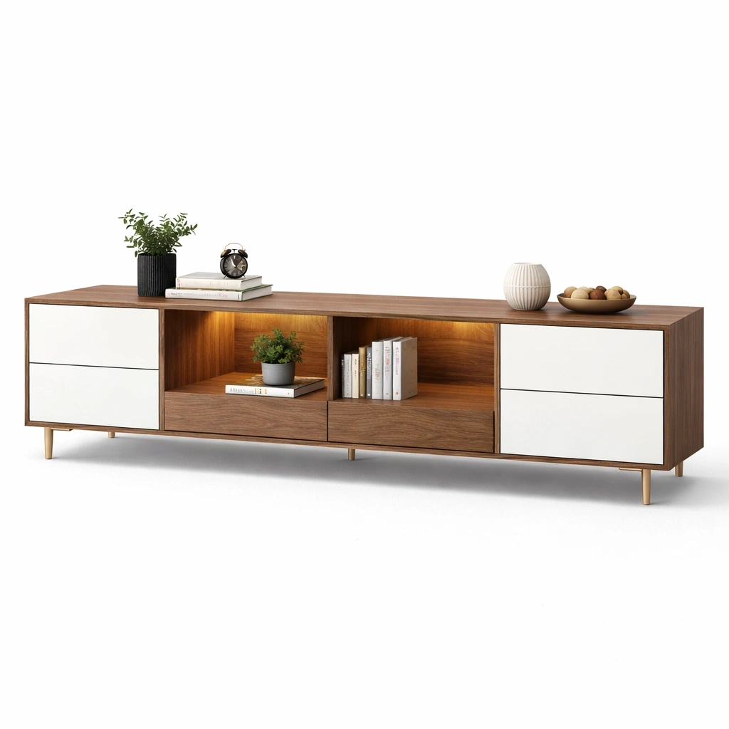 Meuble TV bois et blanc avec rangement ouvert et tiroirs- luxqiro