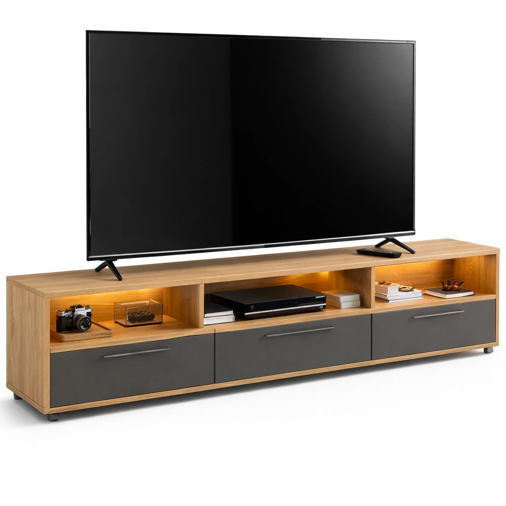 Meuble TV bois et gris avec rangements et eclairage integre- luxqiro