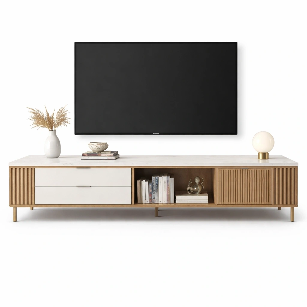 Meuble TV bois clair et blanc avec portes coulissantes et niche centrale- luxqiro