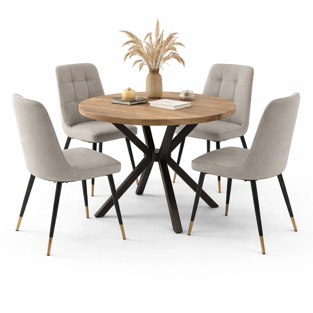 Table ronde bois avec 4 chaises tissu gris style salle a manger moderne- luxqiro