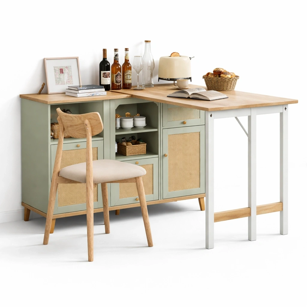 Table cuisine bois et vert avec rangement et plateau extensible- luxqiro
