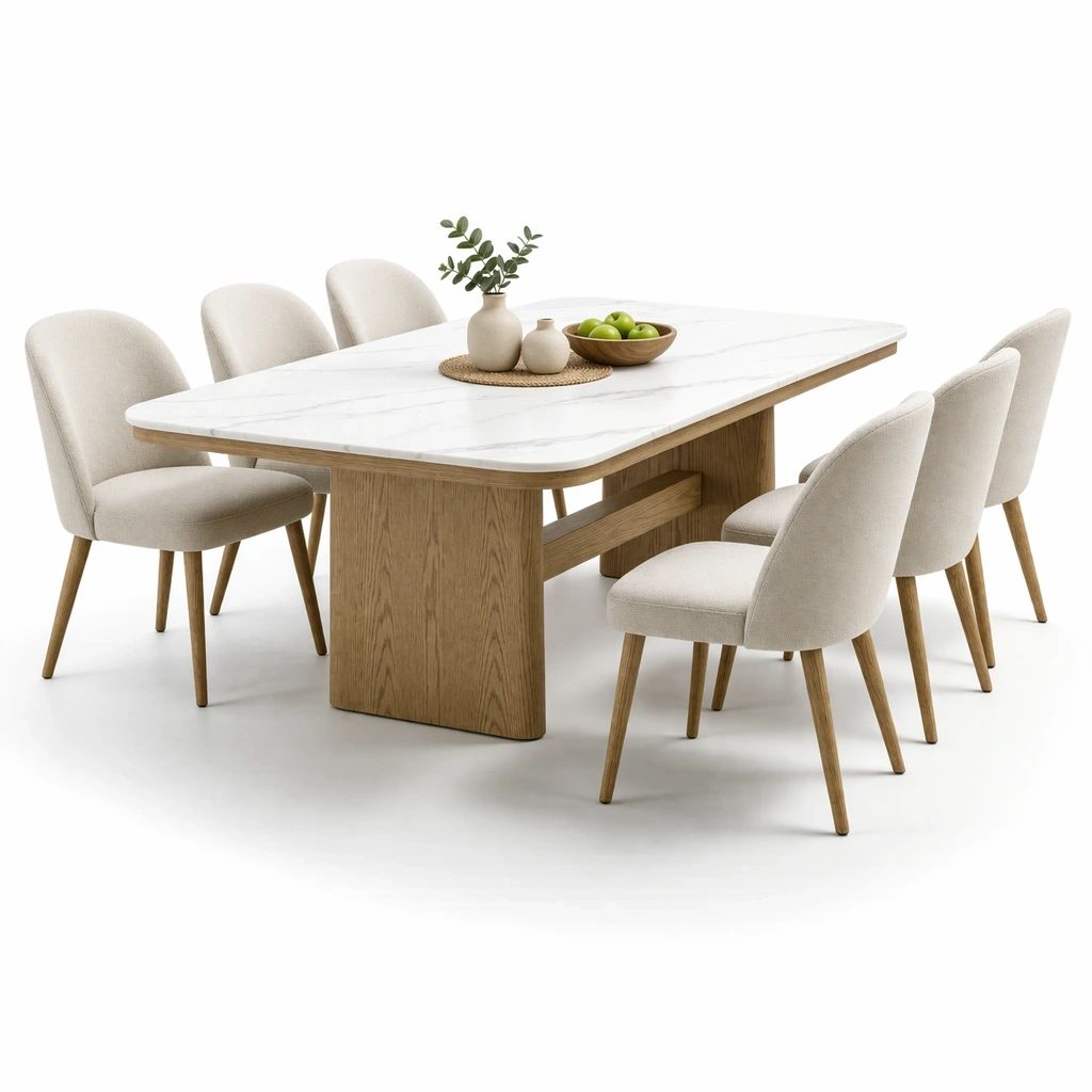 Table salle a manger bois clair avec 6 chaises tissu beige style moderne- luxqiro