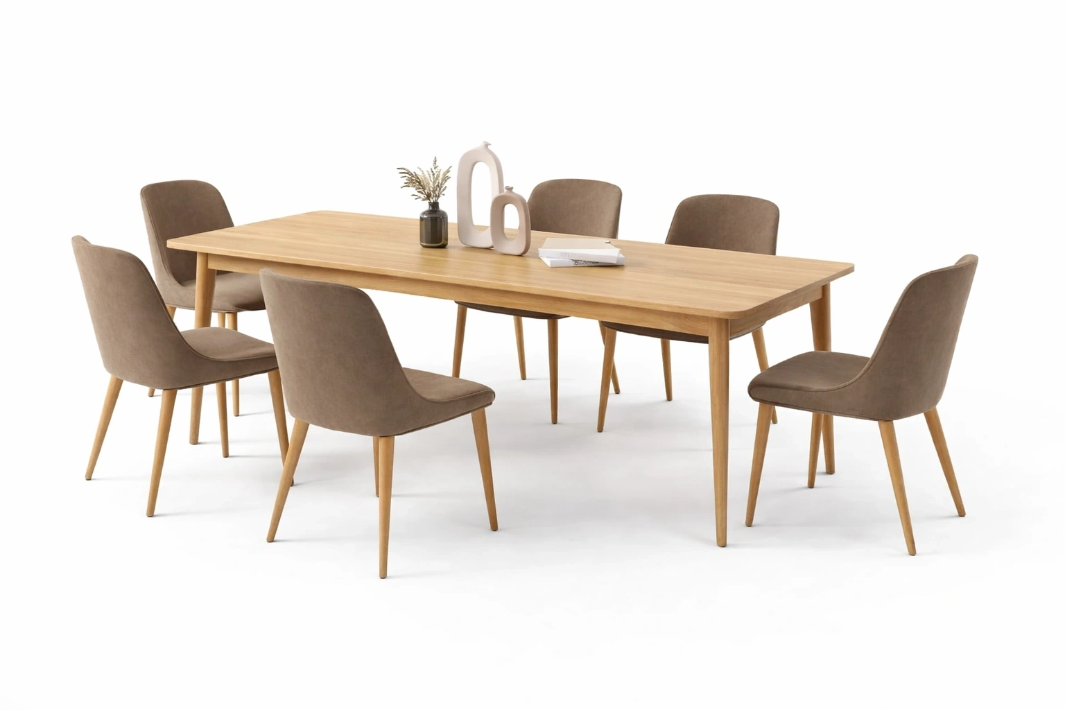 Table salle a manger bois avec 6 chaises tissu marron style classique- luxqiro