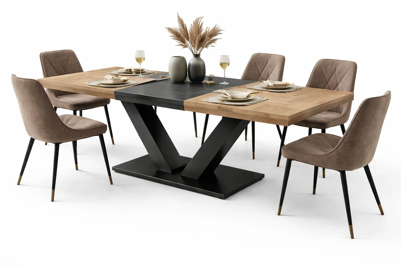 Table extensible bois et noir avec 6 chaises style moderne industriel- luxqiro