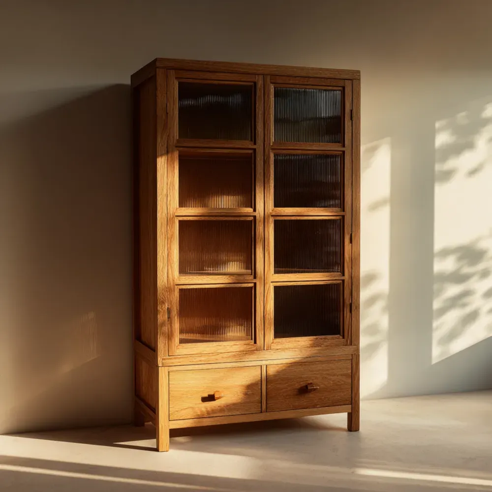 Vitrine aus Eiche mit Rippen-Glas 200x90x40 cm